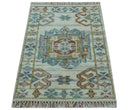 Hand knotted 2x3 Ivory And Blue transitional geometrical Design Wool Area Rug
