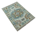 Hand knotted 2x3 Ivory And Blue transitional geometrical Design Wool Area Rug
