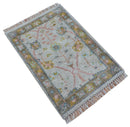 Hand Knotted 2x3 Oushak Design Gray And Green Wool Rug