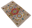 Hand knotted 2x3 Peach And Red Traditional Khotan Design Wool Rug