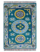 Hand Knotted 2x3 Traditional Khotan Design Teal And Mustard Wool Rug by The Rug Decor