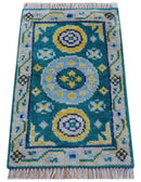 Hand Knotted 2x3 Traditional Khotan Design Teal And Mustard Wool Rug by The Rug Decor