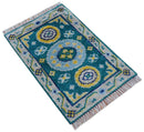 Hand Knotted 2x3 Traditional Khotan Design Teal And Mustard Wool Rug by The Rug Decor