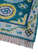 Hand Knotted 2x3 Traditional Khotan Design Teal And Mustard Wool Rug by The Rug Decor