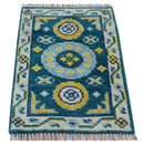 Hand knotted 2x3 Yellow And Teal Traditional Khotan Design Wool Area Rug
