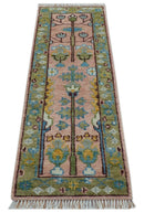 Hand knotted 2x6 Peach And Green Traditional Oushak Design Wool Area Rug by The Rug Decor
