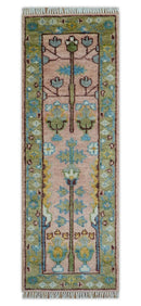 Hand knotted 2x6 Peach And Green Traditional Oushak Design Wool Area Rug by The Rug Decor