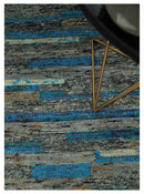Hand Knotted 4.5x6.5 Gray, Ivory and Blue Modern Abstract Contemporary Recycled Silk Area Rug | OP67