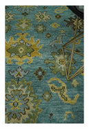 Wool Area Rug Hand-Knotted Teal and Gold Traditional Oushak Design Multi Sizes