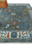 Vibrant Colorful Hand Knotted Charcoal, Ivory, Blue and Rust Traditional Oushak Multi Size wool Area Rug