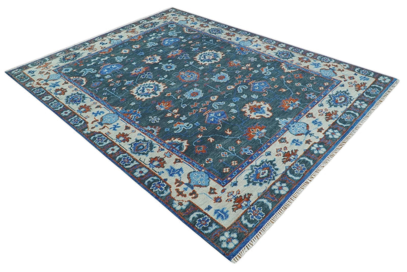 Hand Knotted Teal, Blue and Ivory Traditional Oriental Oushak Multi Size Wool Area Rug