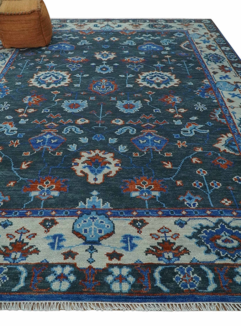 Hand Knotted Teal, Blue and Ivory Traditional Oriental Oushak Multi Size Wool Area Rug