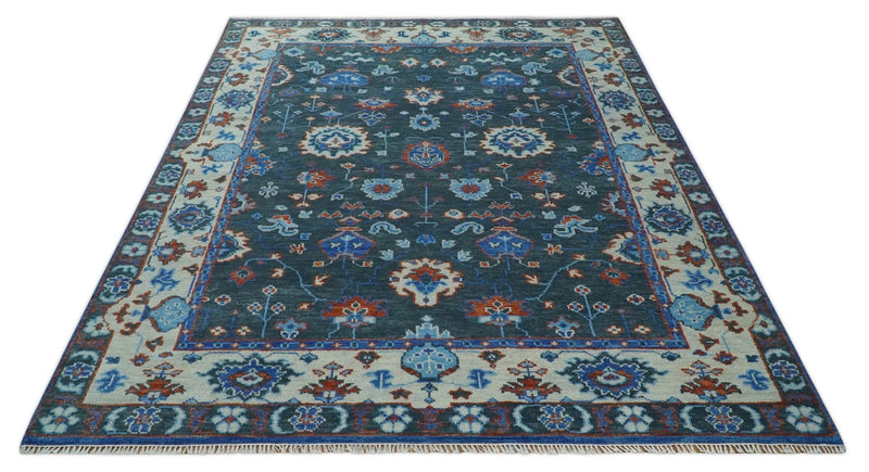 Hand Knotted Teal, Blue and Ivory Traditional Oriental Oushak Multi Size Wool Area Rug