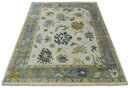 Hand Knotted Ivory, Blue and Brown Traditional Persian Oushak Wool Rug | TRDCP910