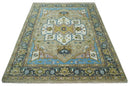 Hand-Knotted Custom Heriz Serapi Wool Rug - Modern Tribal Design Ivory Camel Teal by The Rug Decor