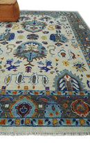 Hand Knotted Wool Oushak Area Rug - Traditional Ivory Charcoal Blue by The Rug Decor