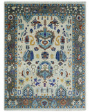 Vibrant Colorful Hand Knotted Ivory, Charcoal and Blue Traditional Oushak Multi size Wool Area Rug