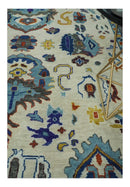 Vibrant Colorful Hand Knotted Ivory, Charcoal and Blue Traditional Oushak Multi size Wool Area Rug