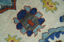 Vibrant Colorful Hand Knotted Ivory, Charcoal and Blue Traditional Oushak Multi size Wool Area Rug