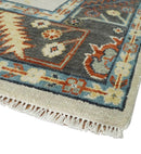 Hand Knotted Wool Area Rug Ivory Charcoal Blue Oushak Traditional Vintage Design by The Rug Decor