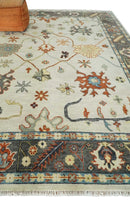 Hand Knotted Wool Area Rug Ivory Charcoal Blue Oushak Traditional Vintage Design by The Rug Decor