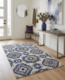 Hand Knotted Recycled Silk Area Rug 5x8 - Beige Blue and Olive