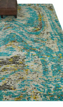 Hand Knotted 5x8 Blue, Ivory and Brown Modern Abstract Contemporary Recycled Silk Area Rug | OP79