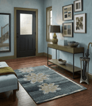 Charcoal Beige Teal Floral Area Rug 5x8 - Recycled Silk