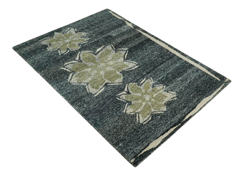 Hand Knotted 5x8 Charcoal, Beige and Olive Floral Persian made of Recycled Silk Area Rug | OP90