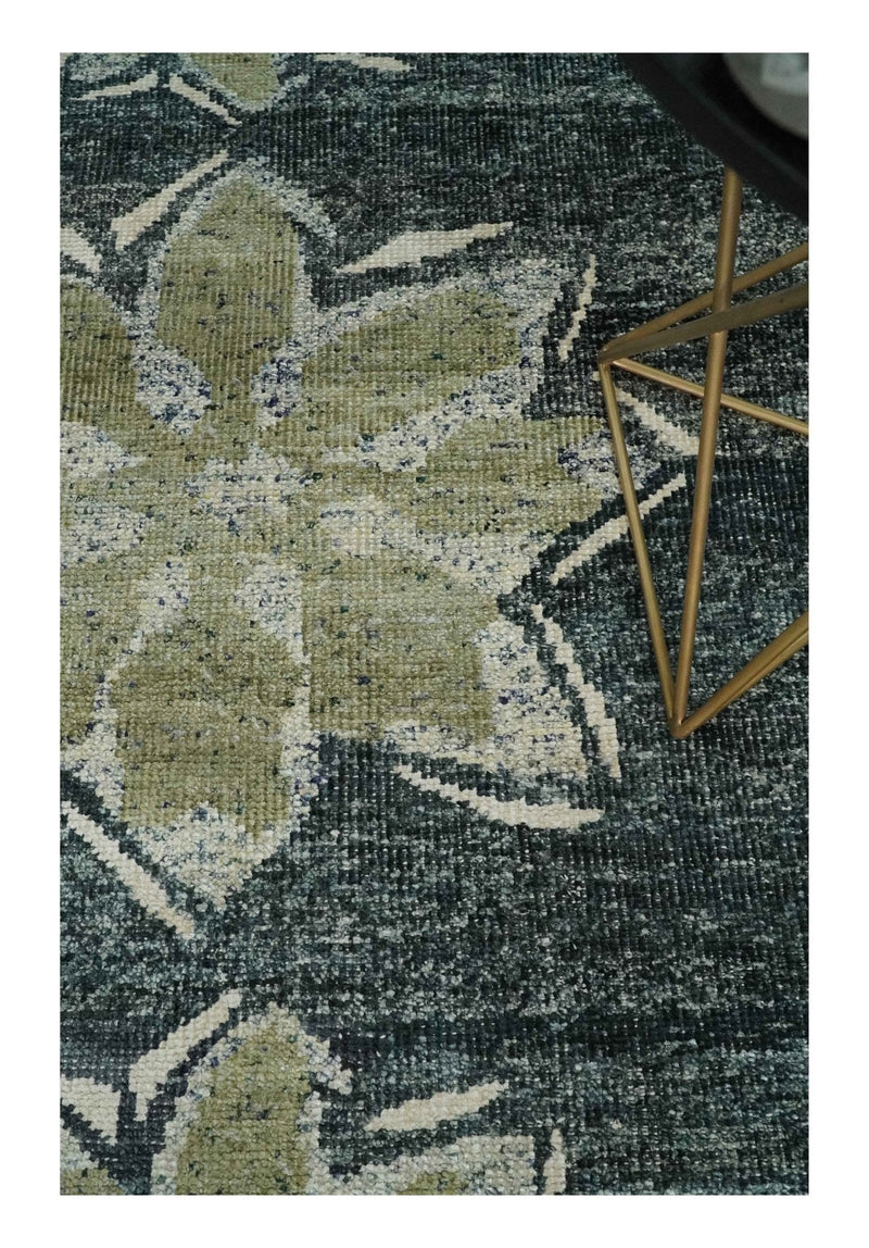 Hand Knotted 5x8 Charcoal, Beige and Olive Floral Persian made of Recycled Silk Area Rug | OP90