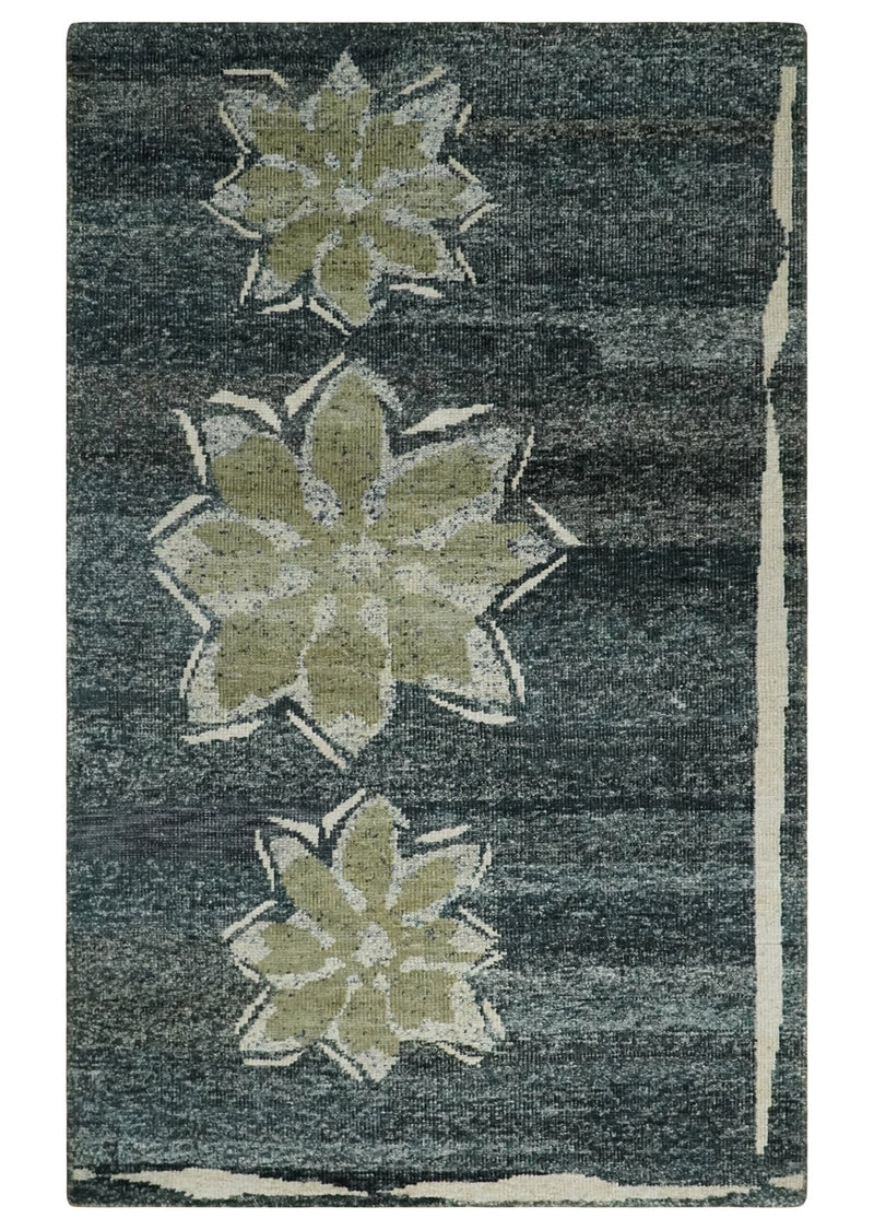 Hand Knotted 5x8 Charcoal, Beige and Olive Floral Persian made of Recycled Silk Area Rug | OP90