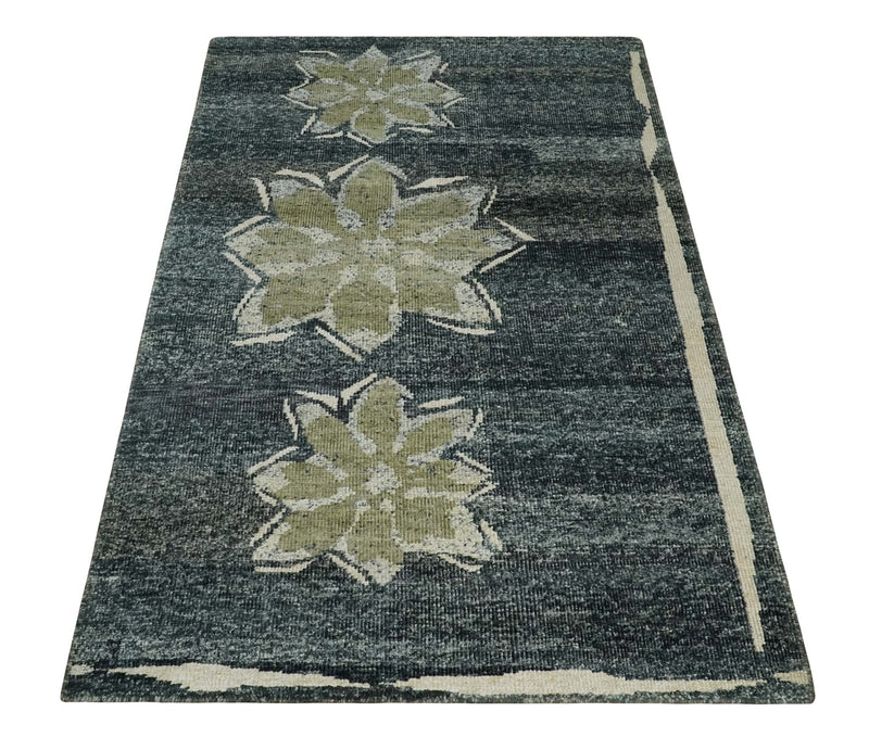 Hand Knotted 5x8 Charcoal, Beige and Olive Floral Persian made of Recycled Silk Area Rug | OP90