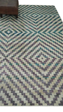 Hand Knotted 5x8 Ivory, Blue and Purple Antique Persian Geometric Style Contemporary Bamboo Silk Area Rug | OP125