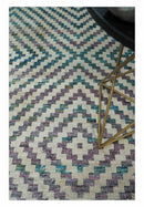 Hand Knotted 5x8 Ivory, Blue and Purple Antique Persian Geometric Style Contemporary Bamboo Silk Area Rug | OP125