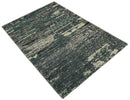 Hand Knotted 5x8 Ivory, moss green and Black Modern Abstract Contemporary Recycled Silk Area Rug | OP74