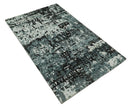 Recycled Silk Area Rug Hand Knotted 5x8 Ivory Teal Black Modern Abstract Contemporary