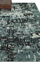 Hand Knotted 5x8 Ivory, Teal and Black Modern Abstract Contemporary Recycled Silk Area Rug | OP91