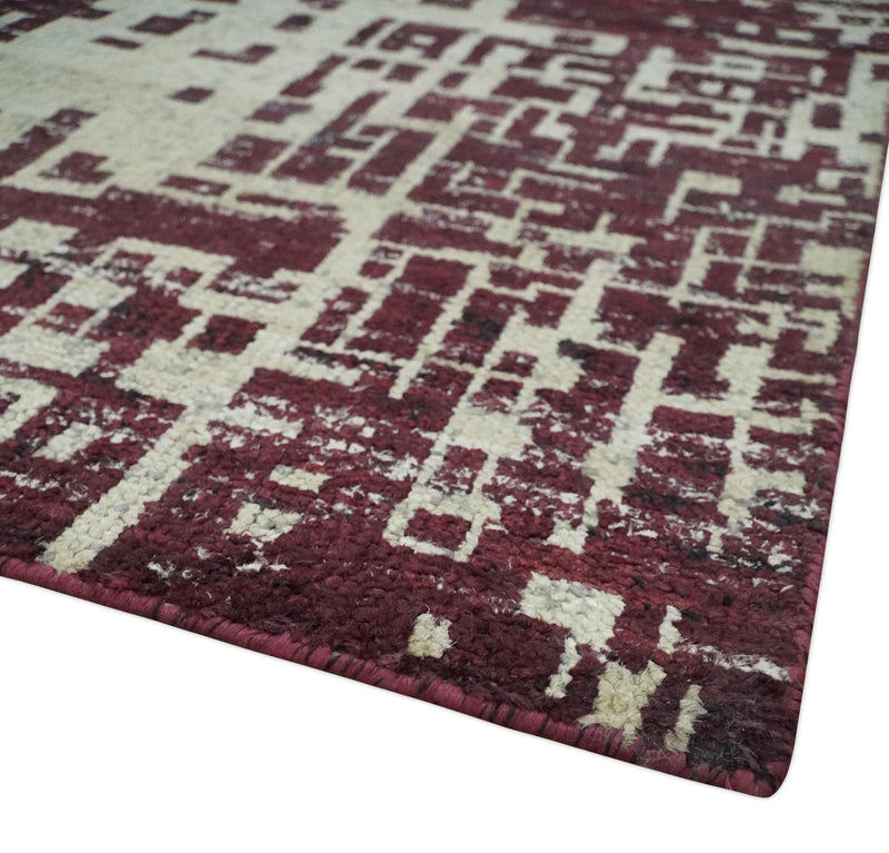 Hand Knotted 5x8 Maroon and Ivory Modern Abstract Contemporary Recycled Silk Area Rug