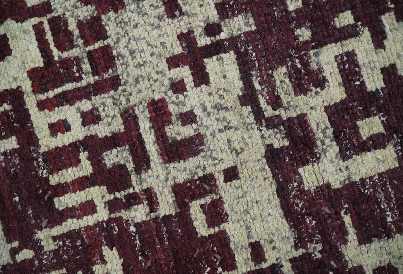 Hand Knotted 5x8 Maroon and Ivory Modern Abstract Contemporary Recycled Silk Area Rug