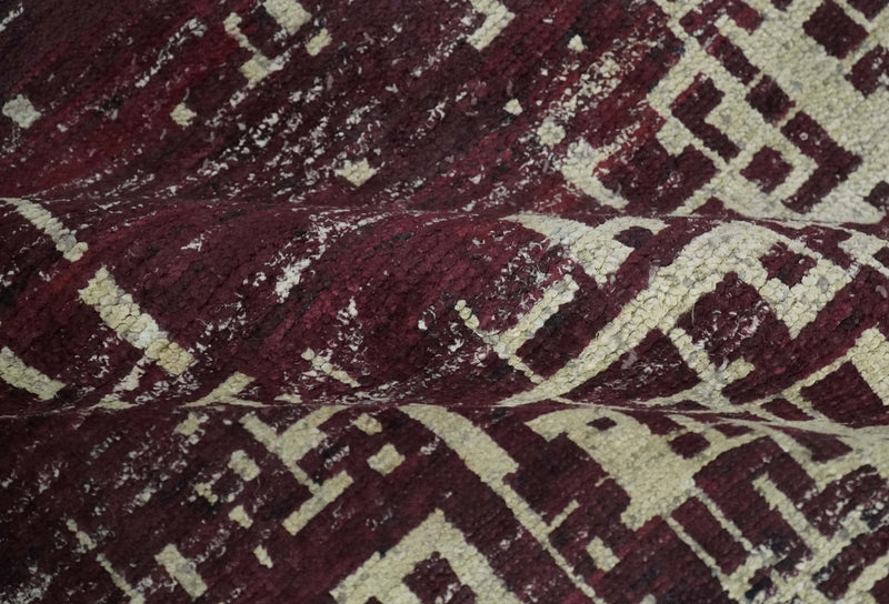 Hand Knotted 5x8 Maroon and Ivory Modern Abstract Contemporary Recycled Silk Area Rug