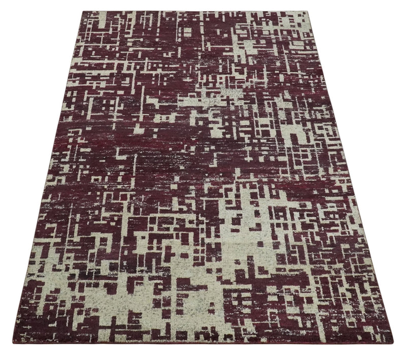 Hand Knotted 5x8 Maroon and Ivory Modern Abstract Contemporary Recycled Silk Area Rug