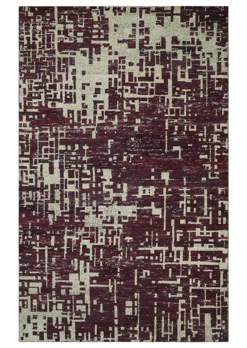 Hand Knotted 5x8 Maroon and Ivory Modern Abstract Contemporary Recycled Silk Area Rug