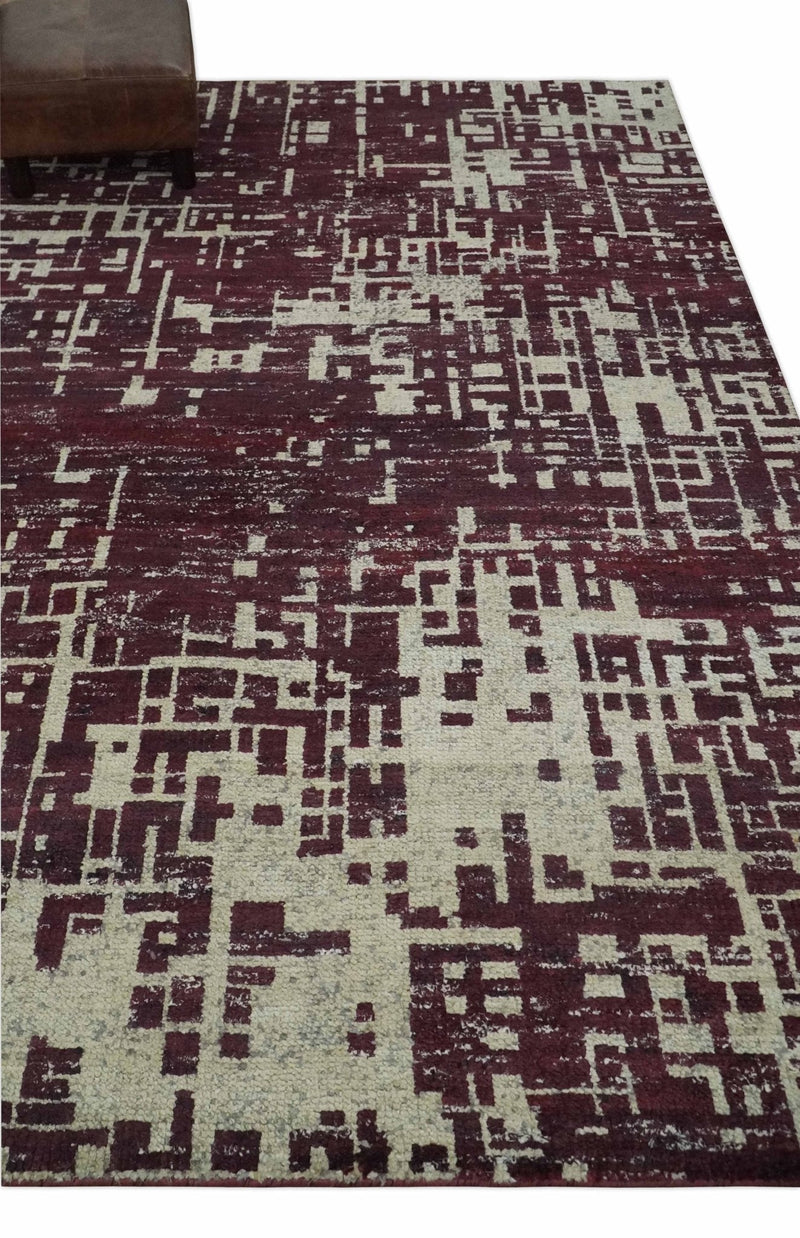 Hand Knotted 5x8 Maroon and Ivory Modern Abstract Contemporary Recycled Silk Area Rug