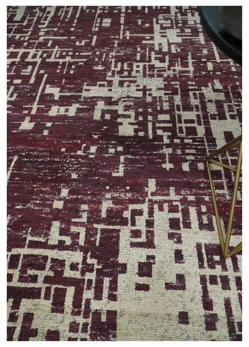 Hand Knotted 5x8 Maroon and Ivory Modern Abstract Contemporary Recycled Silk Area Rug