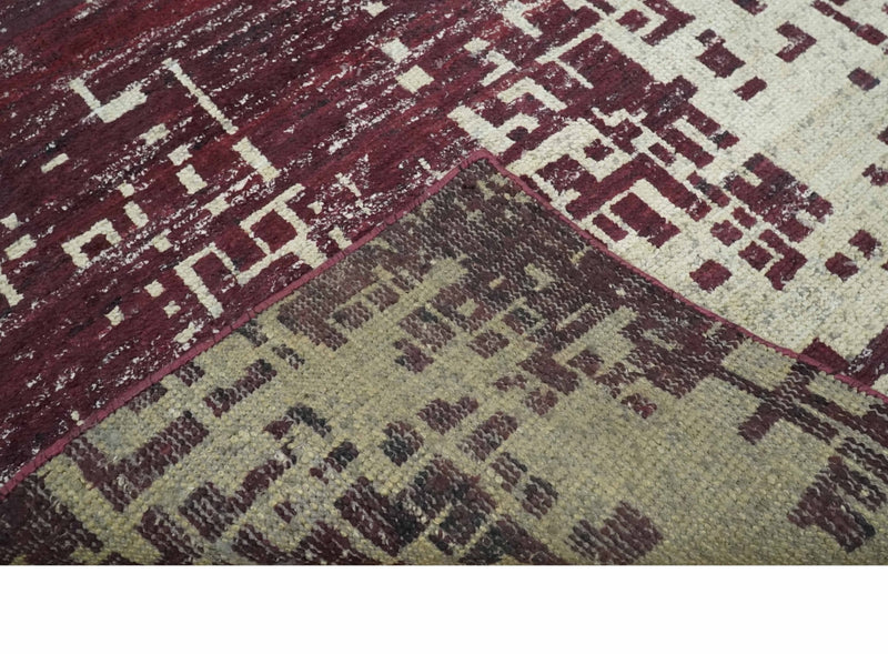 Hand Knotted 5x8 Maroon and Ivory Modern Abstract Contemporary Recycled Silk Area Rug