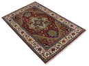 Hand knotted 5x8 Mustard, Brown and Ivory Traditional Heriz Serapi wool area rug by The Rug Decor