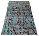 Hand Knotted Recycled Silk Area Rug 5x8 - Silver Red Gold Modern Abstract