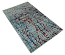 Hand Knotted Recycled Silk Area Rug 5x8 - Silver Red Gold Modern Abstract