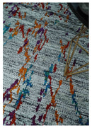 Hand Knotted Recycled Silk Area Rug 5x8 - Silver Red Gold Modern Abstract