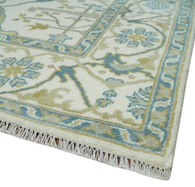 Hand Knotted 6x6 Square Oriental Oushak Ivory, Teal and Beige Wool Area Rug